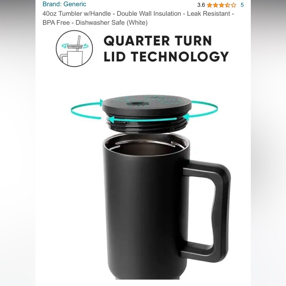 40oz Tumbler w/Handle - Double Wall Insulation - Leak Resistant. - Picture 3 of 11